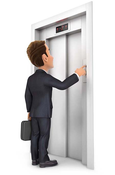 Desenho de homem de terno e maleta apertando o botão Subir do elevador